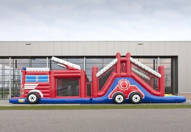 Funny Fire Truck Bounce House Obstacle Course With Climbing Wall