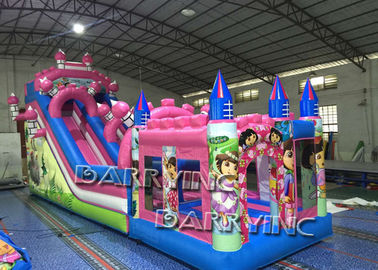Pink Dora Cartoon Commercial Inflatable Slide With Bouncy Castle / Bouncy Slide