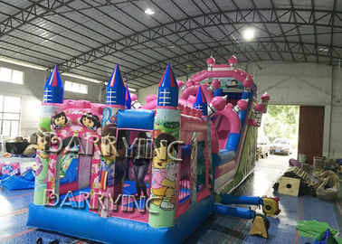 Pink Dora Cartoon Commercial Inflatable Slide With Bouncy Castle / Bouncy Slide