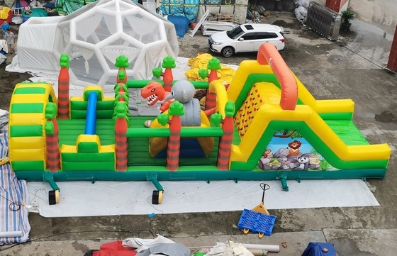 Tarpaulin Inflatable Obstacle Course With Dinosaur Animals Trampoline Insane Run Obstacles