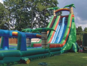 Blue And Green Inflatable Double Slip And Slide With Pool 30 Foott Tall For Park