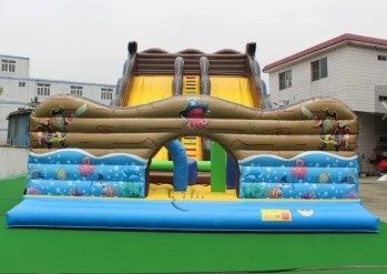 Hand Drawing Double Lanes Inflatable Water Slides For Ocean Theme Park