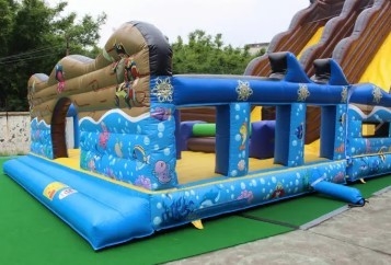 Hand Drawing Double Lanes Inflatable Water Slides For Ocean Theme Park