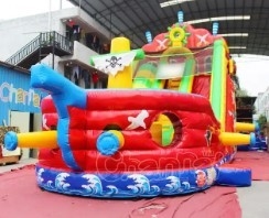 Animal Theme Inflatable Water Slides Pirate Ship Sail Dry Slide