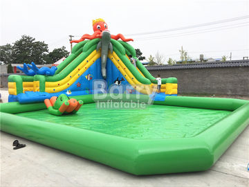 Green Castle Theme Waterproof Inflatable Pool With Octopus Slide On Ground