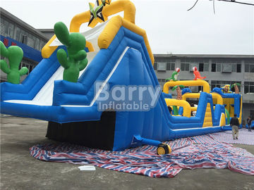 Cheerful blue and yellow giant Inflatable Obstacle Course Rental with basketball shooting
