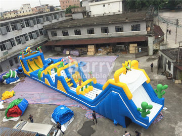 Cheerful blue and yellow giant Inflatable Obstacle Course Rental with basketball shooting