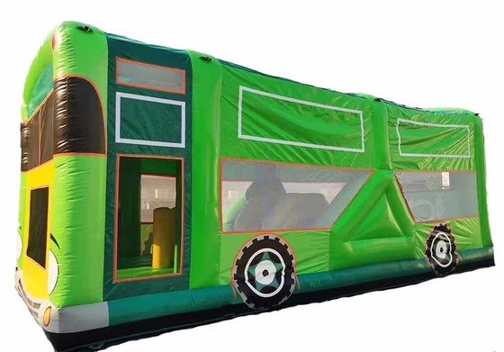 Commercial Adults Kids Pastel Party School Bus Bounce House With Small Slide And Obstacle Course