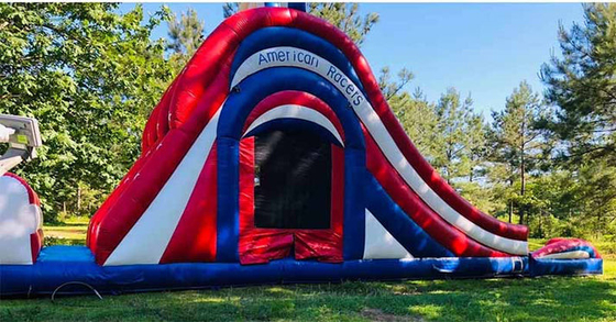 Indoor / Outdoor Fun And Play America 3 Lane Water Slide Bounce House Combo With Stair Behind