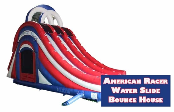 Indoor / Outdoor Fun And Play America 3 Lane Water Slide Bounce House Combo With Stair Behind