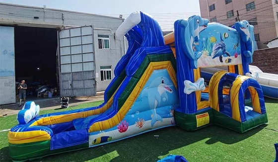 Custom Made Dolphin Bounce House With Slide Underwater World Theme Jumping Castle For Kids