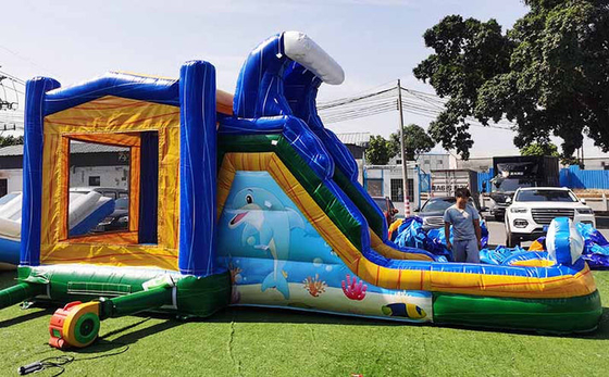 Custom Made Dolphin Bounce House With Slide Underwater World Theme Jumping Castle For Kids
