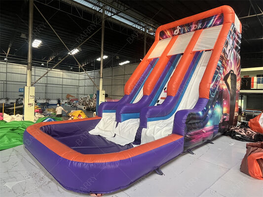 Commercial Grade Double Lane Inflatable Slide With Pool, Trendy Neon/TikTok Themed Dry/Wet Slide For Party Rentals & Events Kids Play System