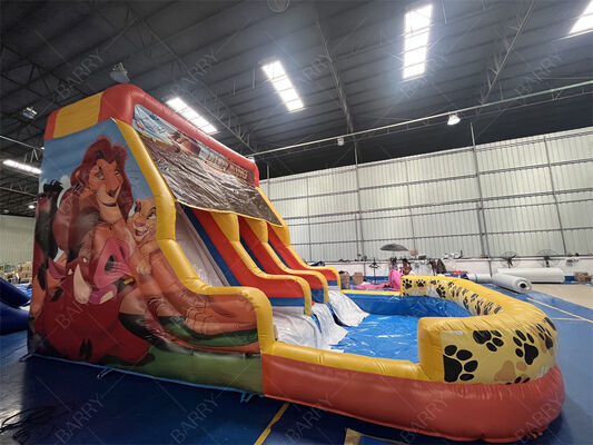 Commercial Grade Lion King Inflatable Water Slide With Pool, 3-Lane Dry/Wet Slide For Rental Business & Family Events