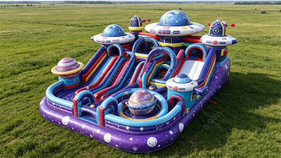 Purple Starship Themed Giant Inflatable Playground | All-in-One Space Adventure Bounce Park with Triple Slides | Commercial PVC for High-Traffic Venues