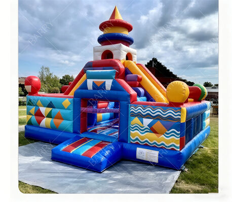 Geometric Carnival Inflatable Bounce Castle with Dual Slides – Commercial-Grade Kids’ Play Center