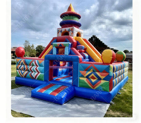 Geometric Carnival Inflatable Bounce Castle with Dual Slides – Commercial-Grade Kids’ Play Center