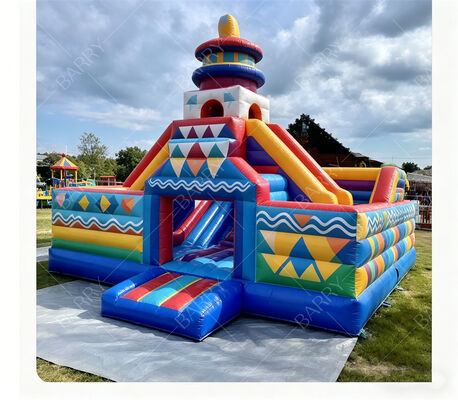 Geometric Carnival Inflatable Bounce Castle with Dual Slides – Commercial-Grade Kids’ Play Center