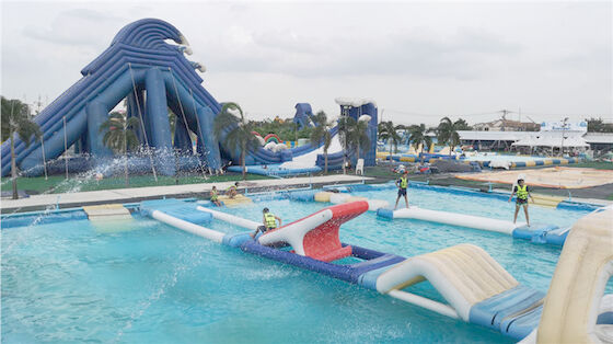 Anti - UV 0.9mm PVC Tarpaulin Inflatable Water Obstacle Course For Lake