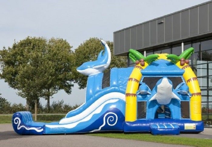 2 In 1 Dolphin Big Bouncy Castles Inflatable With Wacky Dual Slide For Amucement