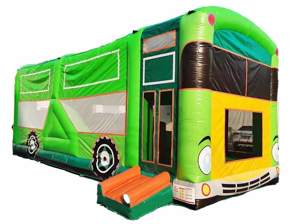 Commercial Adults Kids Pastel Party School Bus Bounce House With Small Slide And Obstacle Course