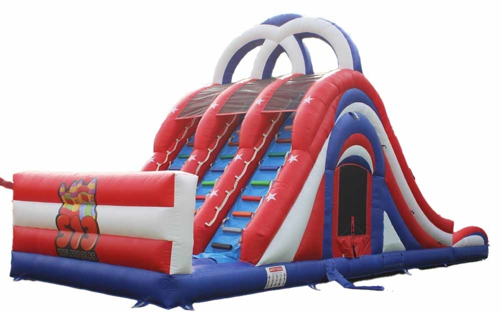 Indoor / Outdoor Fun And Play America 3 Lane Water Slide Bounce House Combo With Stair Behind