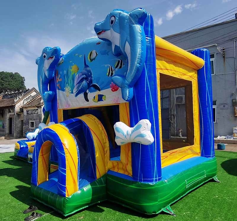 Custom Made Dolphin Bounce House With Slide Underwater World Theme Jumping Castle For Kids
