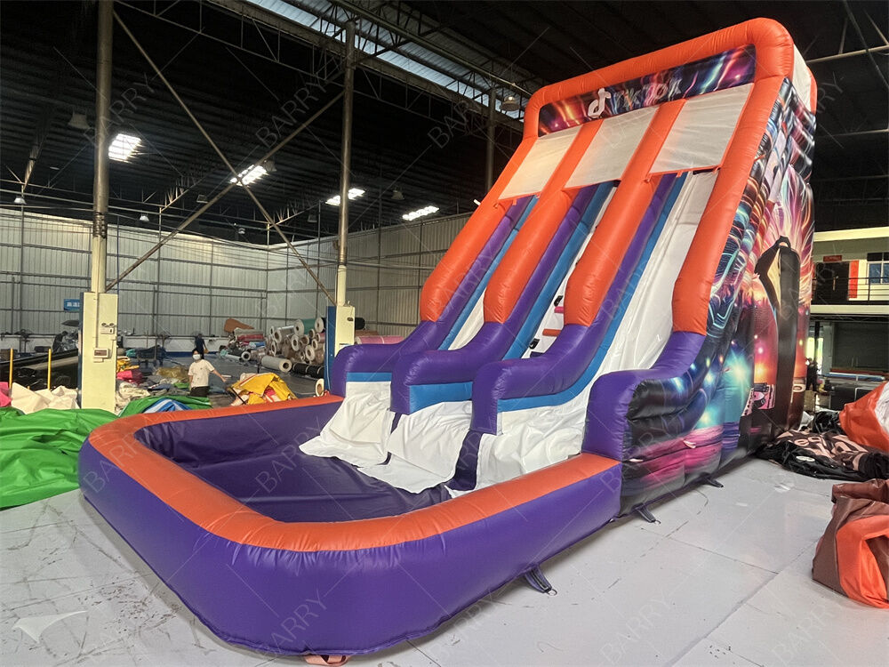 Commercial Grade Double Lane Inflatable Slide With Pool, Trendy Neon/TikTok Themed Dry/Wet Slide For Party Rentals & Events Kids Play System