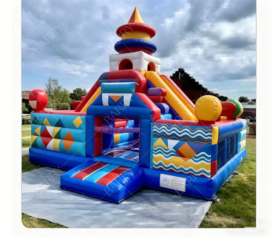 Geometric Carnival Inflatable Bounce Castle with Dual Slides – Commercial-Grade Kids’ Play Center