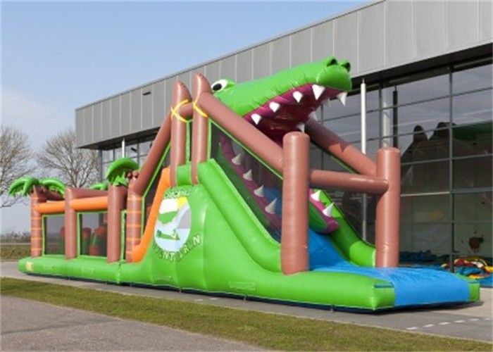 Lovely Green Shark Blow Up Obstacle Course For Kids Giant Inflatable Games